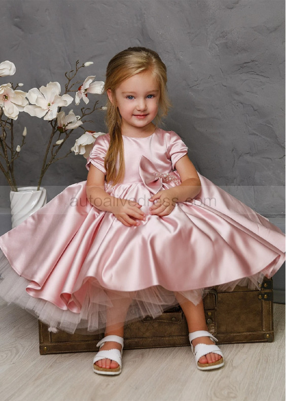 Unique Pink Satin Tulle Tea Length Flower Girl Dress